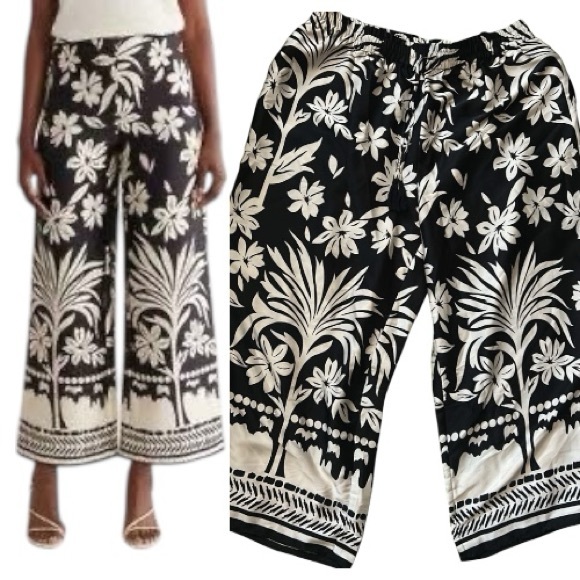Black and White Floral Wide-Leg Pants: 3xL - Picture 1 of 4